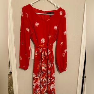 Red & Pink Cherry Blossom Puff Sleeve Dress